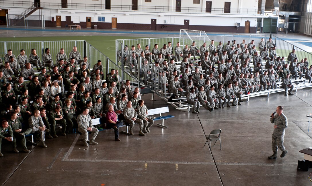 Col. Mark Weatherington, 28th Bomb Wing commander, addresses his Airmen and introduces guest speakers during the base’s Safety Day at the Pride Hangar on Ellsworth Air Force Base, S.D., Sept. 27, 2012. "Street Smart" is an ongoing event presented by the Stay Alive from Education program, a non-profit organization dedicated to reducing injuries and fatalities. (U.S. Air Force photo by Airman 1st Class Zachary Hada/Released)