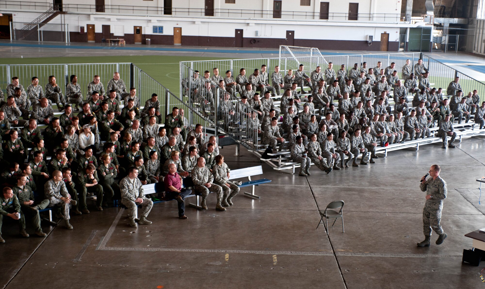 Col. Mark Weatherington, 28th Bomb Wing commander, addresses his Airmen and introduces guest speakers during the base’s Safety Day at the Pride Hangar on Ellsworth Air Force Base, S.D., Sept. 27, 2012. "Street Smart" is an ongoing event presented by the Stay Alive from Education program, a non-profit organization dedicated to reducing injuries and fatalities. (U.S. Air Force photo by Airman 1st Class Zachary Hada/Released)