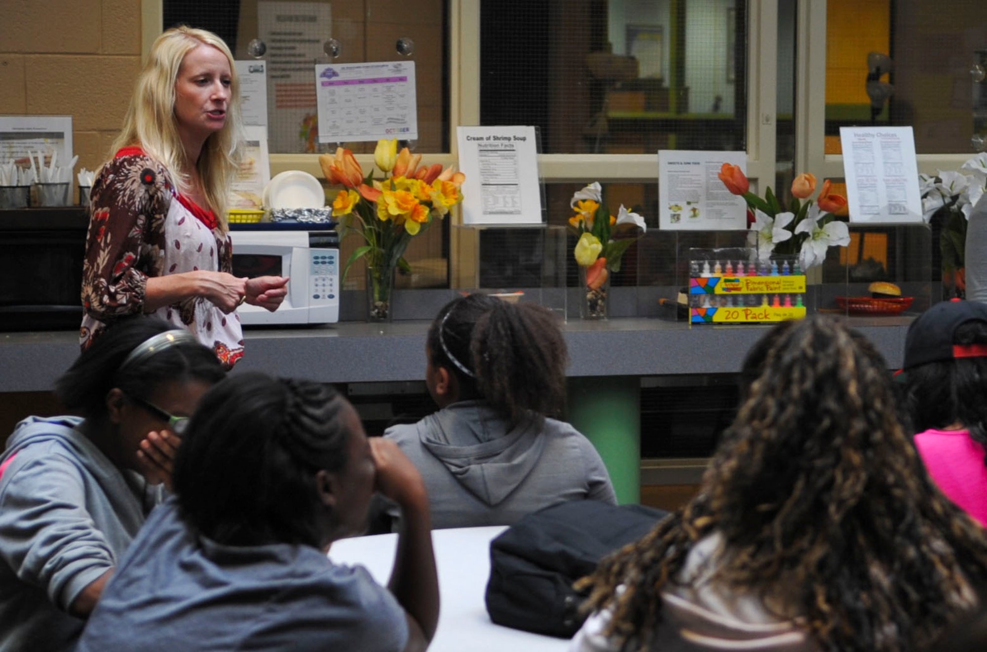 A.J. Brandt, Fort Eustis Family Advocacy outreach manager, talks to students about domestic violence at an after-school youth program at Fort Eustis, Va., Oct. 1, 2012. The event was part of the installation's Domestic Violence Awareness Month activities, which focuses on stopping violence and offering support for the abused.
(U.S. Air Force photo by Staff Sgt. Wesley Farnsworth/Released)
