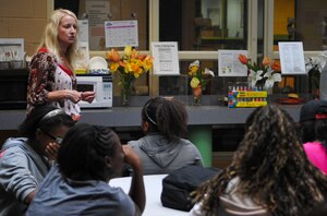 A.J. Brandt, Fort Eustis Family Advocacy outreach manager, talks to students about domestic violence at an after-school youth program at Fort Eustis, Va., Oct. 1, 2012. The event was part of the installation's Domestic Violence Awareness Month activities, which focuses on stopping violence and offering support for the abused.
(U.S. Air Force photo by Staff Sgt. Wesley Farnsworth/Released)
