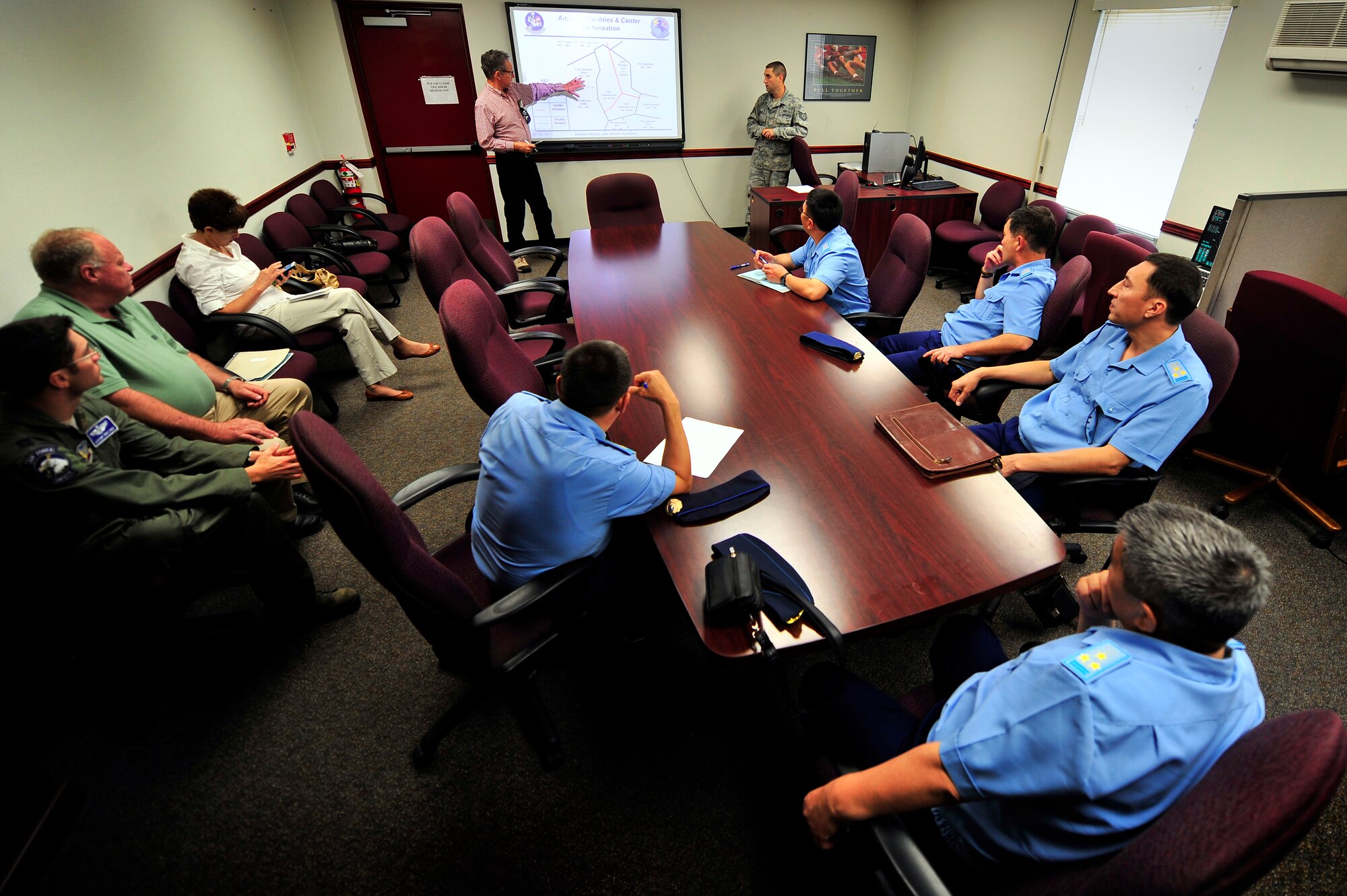 Members of the Kazakhstan Air Defense Forces listen to a flight operations briefing before getting a closer look at how 20th Operations Support Squadron radar approach controllers execute their jobs while keeping with in strict safety guidelines, Sept. 19, 2012, Shaw Air Force Base, S.C. The Kazakhstan ADF visited Shaw for two days to learn about the 20th Fighter Wing’s safety programs and how they work. (U.S. Air Force photo by Staff Sgt. Kenny Holston/Released)