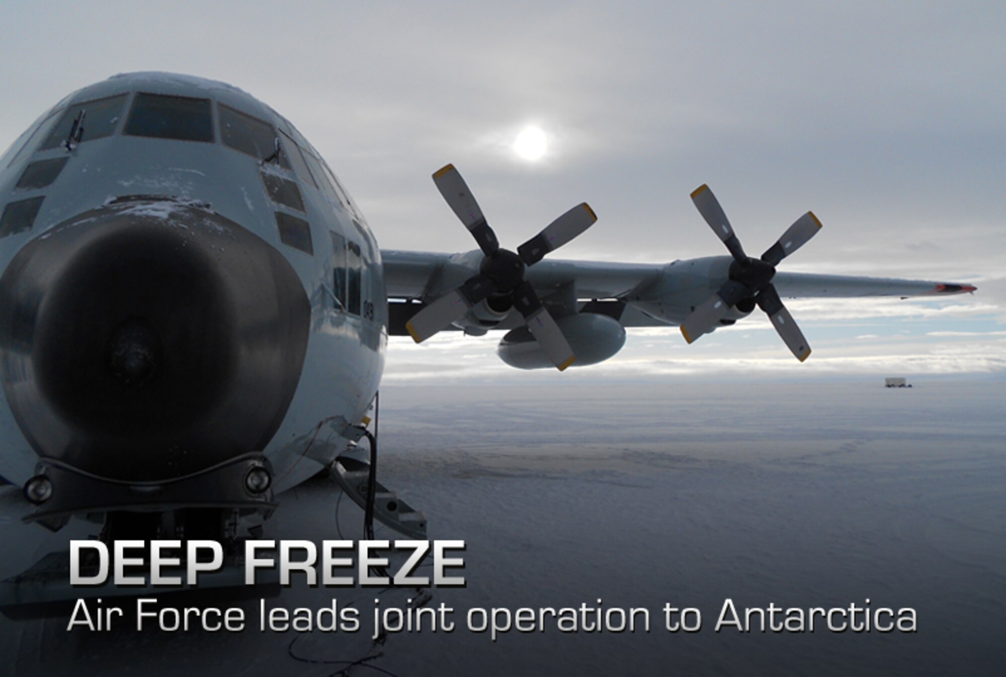 An LC-130 Hercules waits on the ice at McMurdo Station, Antarctica Nov. 21, 2011, after returning from a scheduled Operation Deep Freeze re-supply mission to Amundsen-Scott South Pole Station. Operation Deep Freeze provides airlift support to the National Science Foundation, which manages the United States Antarctic Program. (U.S. Air Force photo)