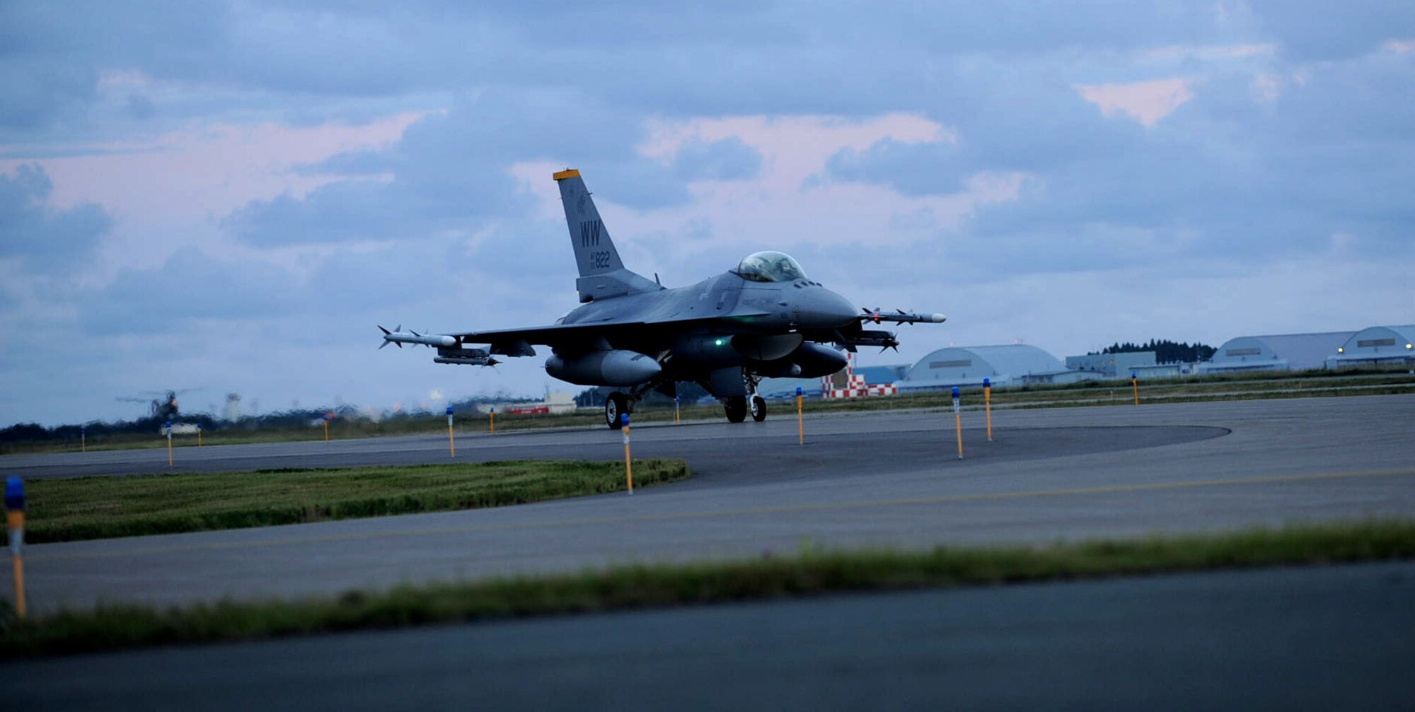 A U.S. Air Force F-16 Fighting Falcon aircraft taxis on the flightline at Misawa Air Base, Japan, Sept. 26, 2012. Sept. 26 marked the last day of the 2012 fiscal year for the Pacific Air Force flying hours program. (U.S. Air Force photo by Airman 1st Class Kenna Jackson)