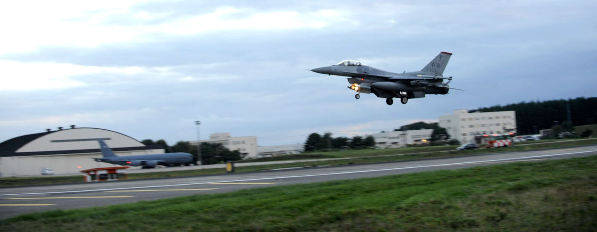 A F-16 Fighting Falcon aircraft lands on the flightline and wraps up the base’s allocated flying hours for the fiscal year at Misawa Air Base, Japan, Sept. 26, 2012. The 35th Fighter Wing filled up their flying hour quota for this fiscal year Sept. 26. (U.S. Air Force photo by Airman 1st Class Kenna Jackson)