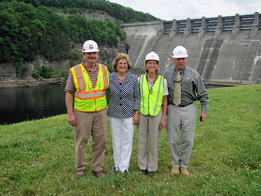 (Left to right) David Loyd, Center Hill Dam Foundation Remediation Project resident engineer, U.S. Rep. Diane Black, Tennessee District 6, Linda Adcock, project manager, stand in front of Center Hill Dam, which is undergoing a $292 million rehabilitation to fix seepage problems.  It is Black’s first visit to the project. (USACE photo by Bill Peoples)