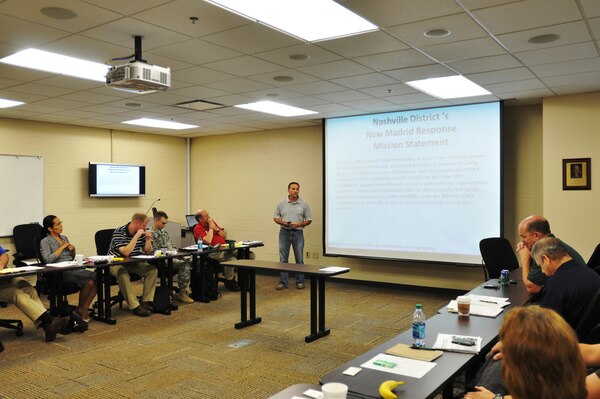 Jerry Breznican, Nashville District Emergency Management chief presents the Nashville District’s New Madrid Response Mission Statement at the New Madrid Planning Workshop. (USACE photo by Amy Redmond)