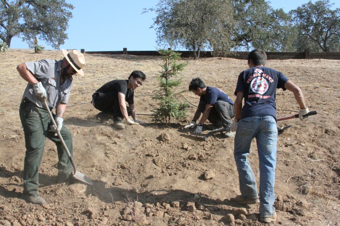 Park Ranger Ken Myers and members of the Fresno State Bulldogs Cycling Club team up to plant trees in the Hidden View Campground at Hensley Lake. This was one activity accomplished during National Public Lands Day, Sept. 29, 2012.