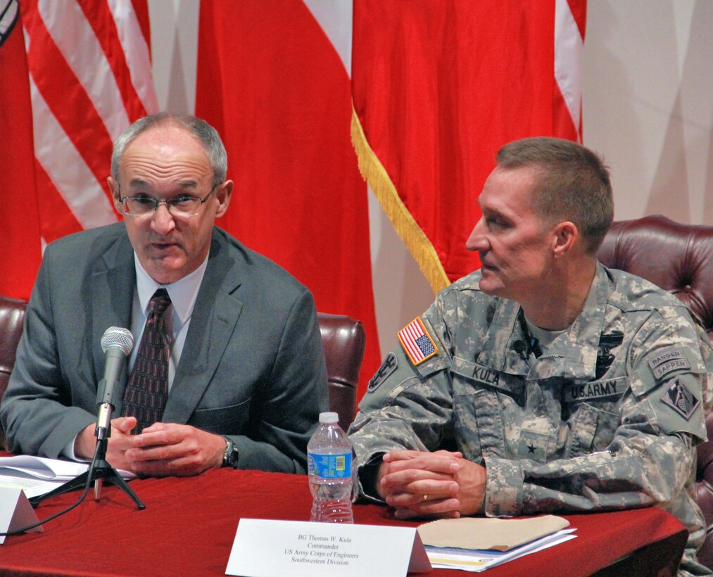 Southwestern Division Commander, Brig. Gen. Thomas Kula and SWD Director of Programs, Robert Slockbower answer questions from students as part of a pannel during a Science, Technology, Engineering and Math event held at the Yvonne E. Townview Magnet Center, Sept. 28, 2012