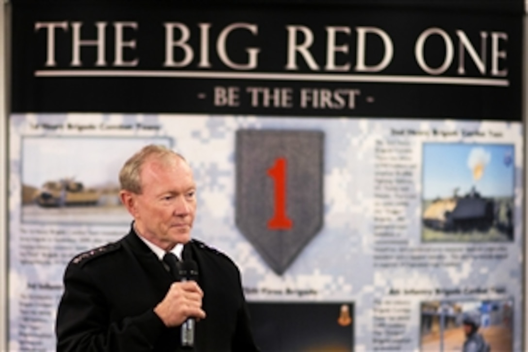 Army Gen. Martin E. Dempsey, chairman of the Joint Chiefs of Staff, hosts a town hall meeting with service members, military families and members of the Defense Department during a visit to Fort Riley, Kan., Oct. 1, 2012.