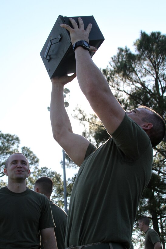 Staff Sgt. Adam R. Kremer, Staff Non-Commissioned Officer-in-Charge, Recruiting Substation Meridian, Recruiting Station Montgomery, goes for maximum repititions of ammo can lifts during his mock Combat Fitness Test aboard Maxwell Air Force Base, Montgomery, Al September 14, 2012. Staff Sgt Kremer and the other Marines conducted the mock CFT in preparation for the actual CFT slated in October.