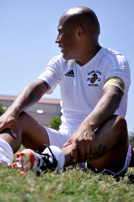 Gunnery Sgt. Gabriel Jaramillo, captain of the All Marine Soccer Team, relaxes after preliminary match with the Air Force during the 2012 Armed Forces Soccer Championship here, Sept. 26. Jaramillo, 31, and a Los Angeles native was selected to be a captain of the team by the coaches for his six years of experience participating on the All Marine Soccer Team.