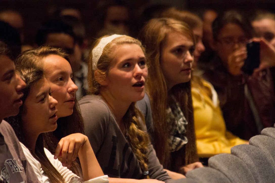 BRISTOL, Conn. – A group of Bristol Eastern High School students observe the performance of the 2nd Marine Division Band during their tour of various cities in Connecticut, Sept. 28.  The band, from Camp Lejeune, N.C., also performed at West Springfield High School, Cheshire High School and the Eastern States Exposition before moving on to another performance in the Northeastern United States.