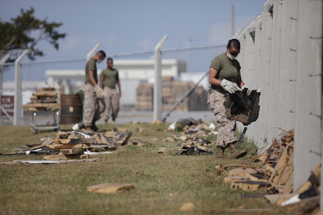 Typhoon Jelawat, which made landfall on Okinawa Sept. 29, left the island littered with debris, uprooted trees, overturned vehicles and caused other destruction. Cleanup crews began working immediately upon declaration of Tropical Cyclone Condition of Readiness-Recovery to repair the damage and restore full capabilities.