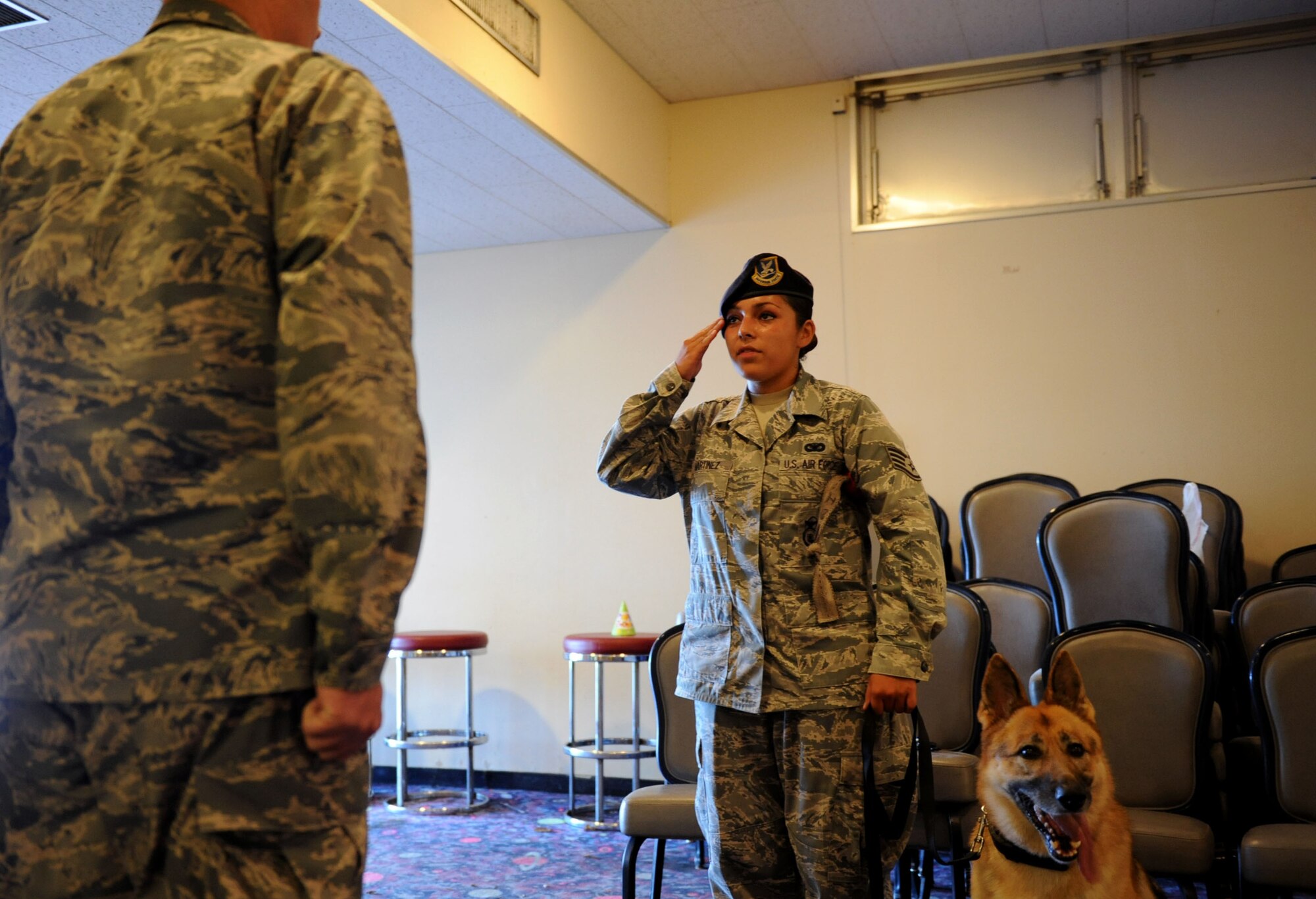U.S. Air Force Staff Sgt. Natasha Martinez, 18th Security Forces Squadron military working dog handler, reports to U.S. Air Force Col. Jeffrey Ullmann, 18th Mission Support Group commander, after completing her base certification to ask if he has any questions on Kadena Air Base, Japan, Oct. 2, 2012. Any time the squadron receives new MWD teams, they must go through a series of training scenarios in order to be allowed to patrol the base for real-world scenarios. (U.S. Air Force photo/Airman 1st Class Brooke P. Beers)