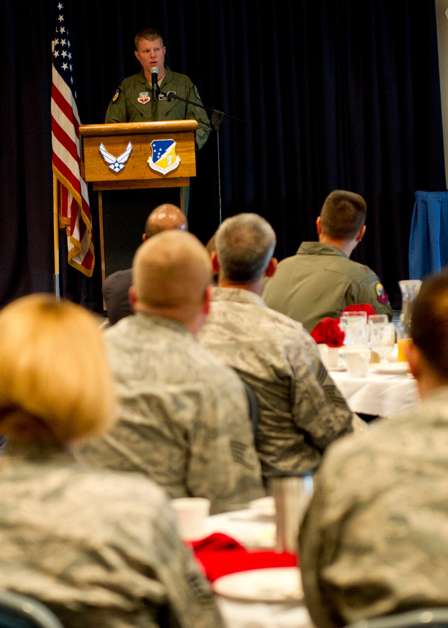 Colonel Andrew Croft, 49th Wing commander, speaks at the Combined Federal Campaign kick-off breakfast at Holloman Air Force Base, N.M., Oct. 2. The CFC has more than 3,000 non-profit organizations to which Airmen can donate. The campaign will run from Oct. 2 to Nov. 21, allowing anyone at Holloman AFB a chance to donate. (U.S. Air Force photo by Senior Airman Kasey Close/Released)