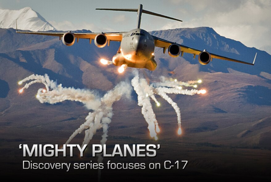 A C-17 Globemaster III cargo plane sets off flares during the 3rd Wing "war day," Sept. 21, 2012. The Discovery Channel is going to feature the C-17 on a future episode of "Mighty Planes" and was here on Joint Base Elemendorf-Richardson filming. (U.S. Air Force photo illustration/Staff Sgt. Zachary Wolf) 

