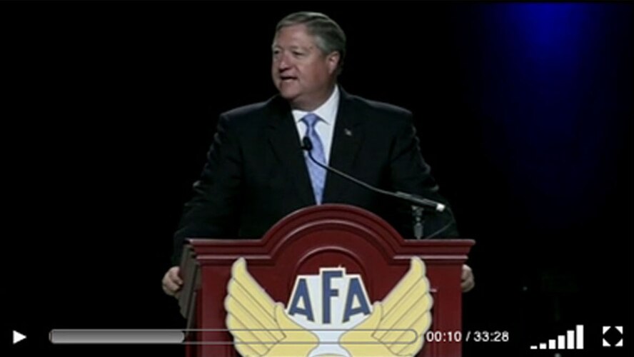 A screen grab from the video feed of Secretary of the Air Force Michael Donley speaking to attendees at the Air Force Association 2012 Air and Space Conference and Technology Exposition in September is shown here. The Global Combat Support Systems-Air Force team here recently worked to provide live video streaming of senior leaders speaking at the conference. (Courtesy graphic) 