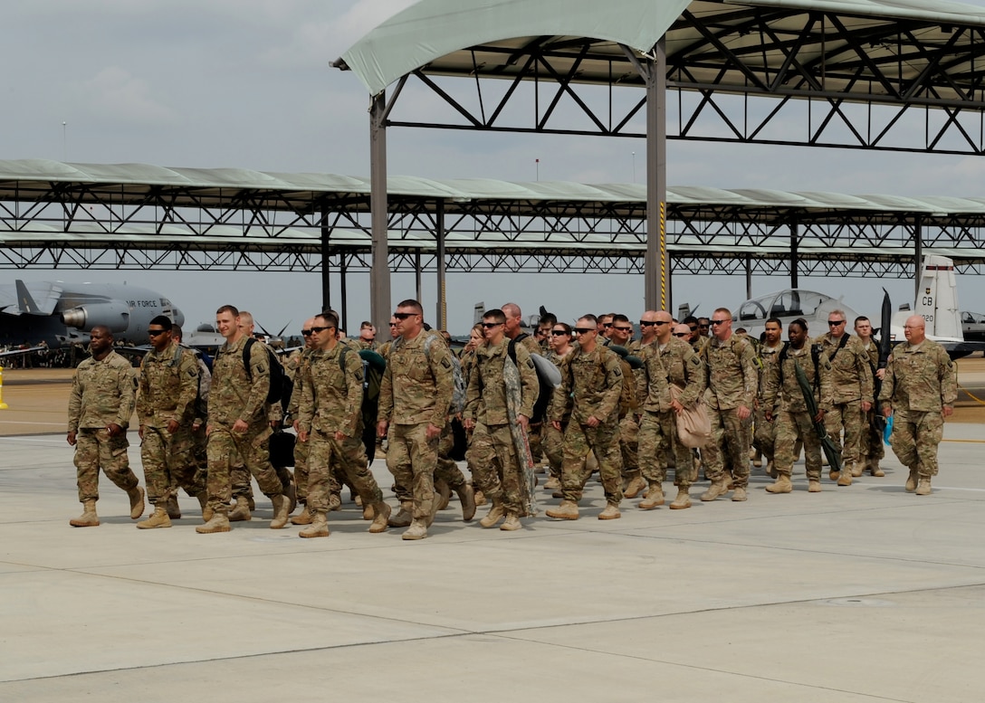 The 159 members of the 223rd Engineer Battalion that arrived at Columbus Air Force Base were welcomed home in a ceremony Sept. 29.  The unit, while deployed, conducted and supported route clearance missions and was involved with the training of Afghan National Army soldiers in advanced combat engineer operations.  (U.S. Air Force Photo/Elizabeth Owens)