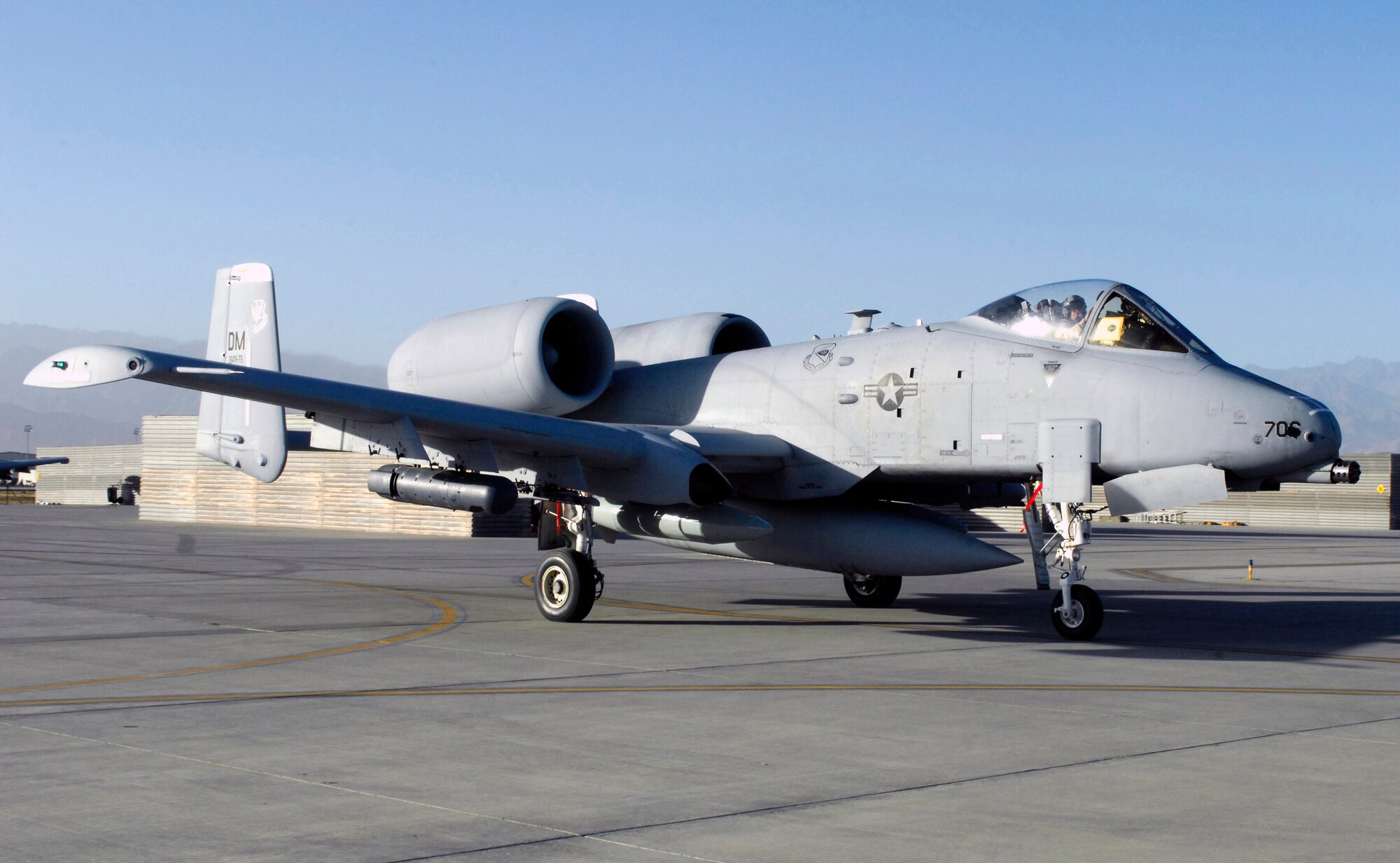 A U.S. Air Force A-10 Thunderbolt II from Davis-Monthan Air Force Base’s 354th Fighter Squadron taxis to its parking spot at Bagram Air Field, Afghanistan, Oct. 3, 2012. Affectionately called the ‘Warthog’, the A-10 is a specialized ground-attack aircraft which provides close air support to ground forces operating in Afghanistan. (U.S. Air Force Photo/Staff Sgt. Jeff Nevison)