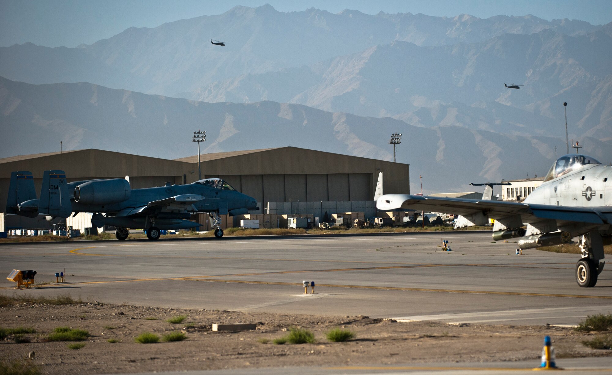 A U.S. Air Force A-10 Thunderbolt II from Davis-Monthan Air Force Base’s 354th Fighter Squadron taxis to its parking spot at Bagram Air Field, Afghanistan, Oct. 3, 2012. Affectionately called the ‘Warthog’, the A-10 is a specialized ground-attack aircraft which provides close air support to ground forces operating in Afghanistan. (U.S. Air Force Photo/Capt. Raymond Geoffroy)