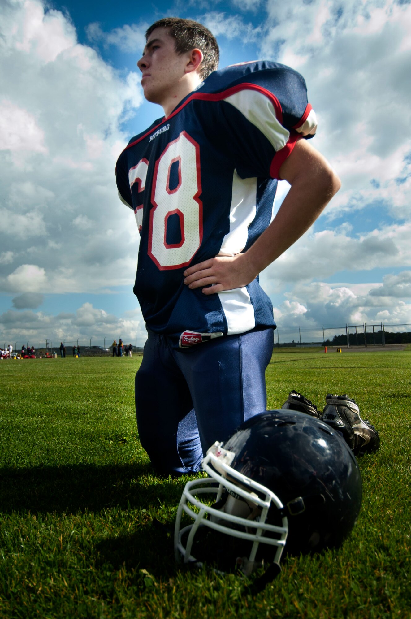 BITBURG ANNEX, Germany – Gabriel Roscoe, running back, rests at halftime during the Bitburg Barons homecoming game against the International School of Brussels Raiders at Bitburg High School Sept. 29.  Teams play six games before having a chance at the title in the playoffs at the end of October. (U.S. Air Force photo by Airman 1st Class Gustavo Castillo/Released)