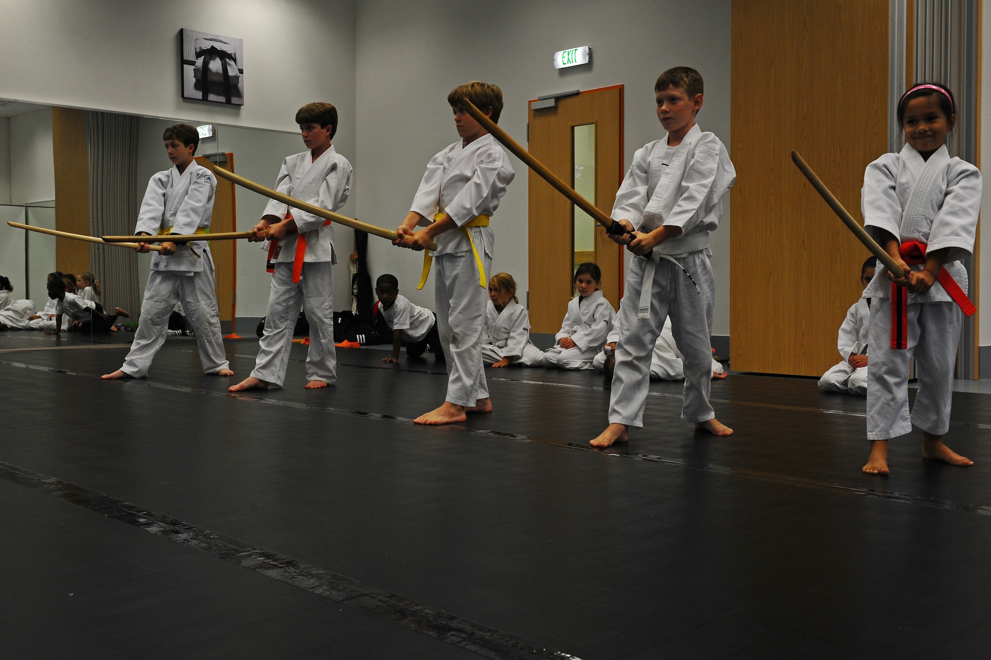 Members of the Youth Aikido class practice different defensive techniques at the Youth Center on Ramstein Air Base, Germany, Sept. 11, 2012. The children participate in the Aikido class to learn self-defense techniques Tuesdays from 5:45 to 6:30p.m. and 6:30 to 7:15p.m. (U.S. Air Force photo/Airman 1st Class Holly Cook) 