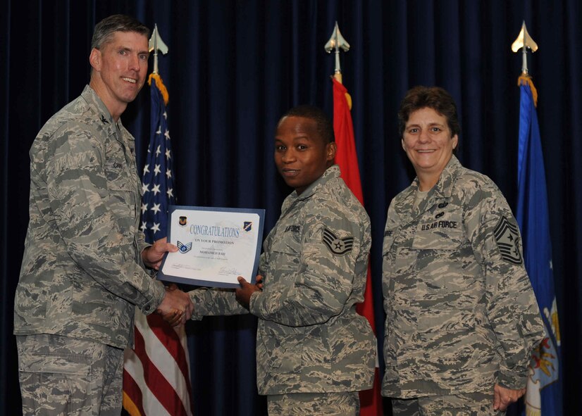 Mohamed Bah, 39th Logistics Readiness Squadron, is promoted to the rank of  staff sergeant Sept. 28, 2012, at the club complex ballroom at Incirlik Air Base, Turkey. (U.S. Air Force photo by Senior Airman Anthony  Sanchelli/Released)