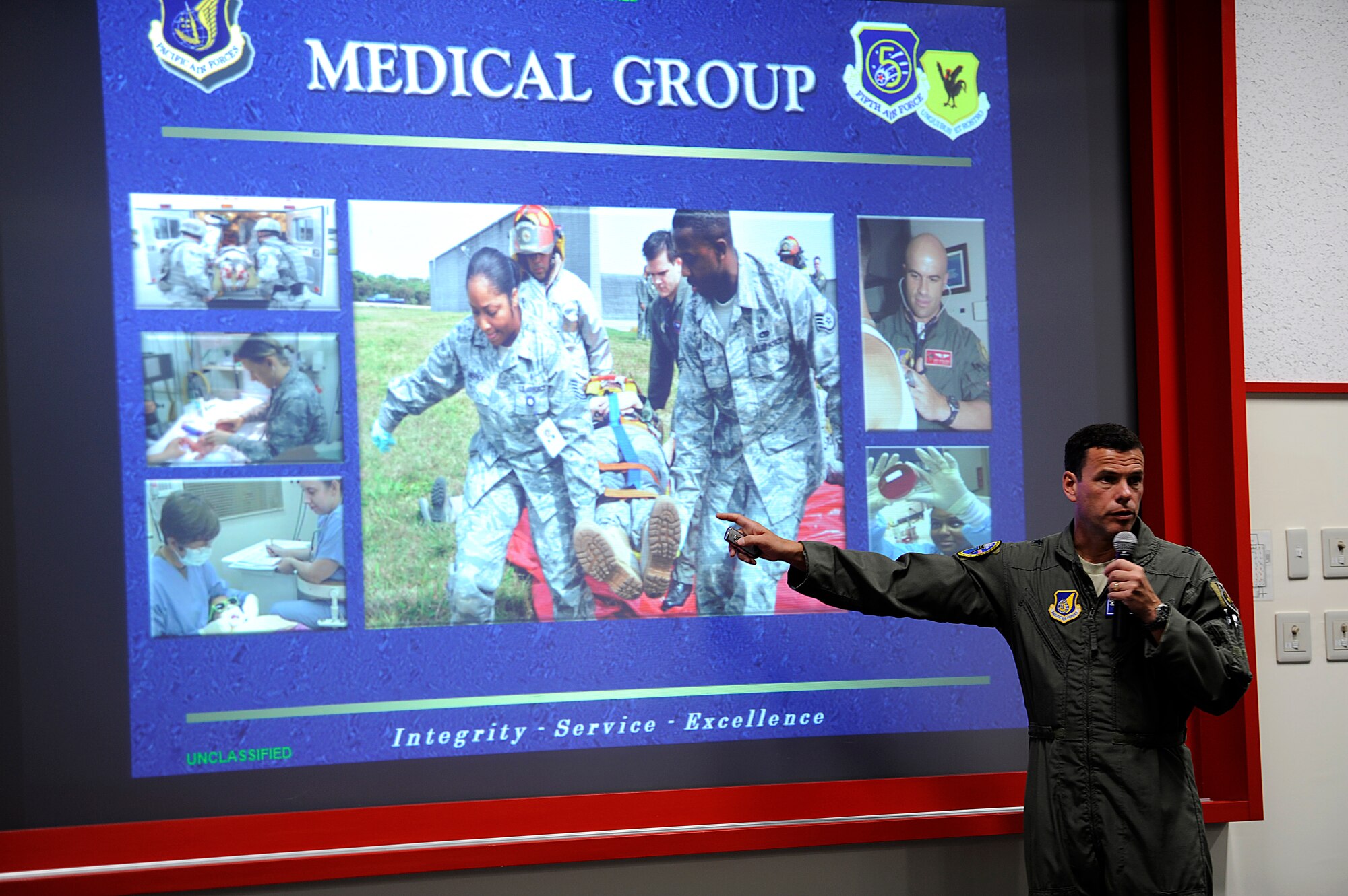 U.S. Air Force Brig. Gen. Matt Molloy, 18th Wing commander, gives an 18th Wing mission briefing to roughly 160 Japanese media members  at the Erwin Professional Military Education Center on Kadena Air Base, Japan during an orientation tour of the base Sept. 28, 2012. The reporters visited Kadena in conjunction with the 56th annual National Council to Promote Ethics of Mass Media conference. (U.S. Air Force photo/ Senior Airman Maeson L. Elleman)