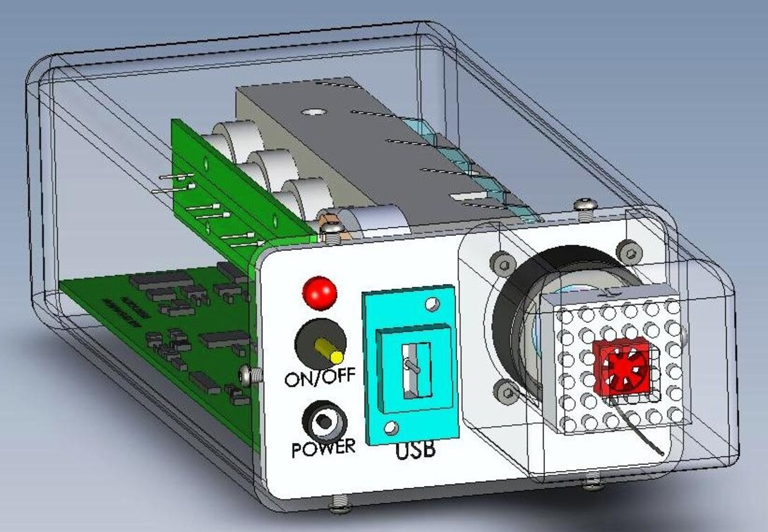 A cutaway drawing of the naphthalene dosimeter prototype. This research project involves scientists from defense, academia and private enterprise. A special diode developed by Photon Systems Inc. of Covina, Calif., is at the heart of the device.