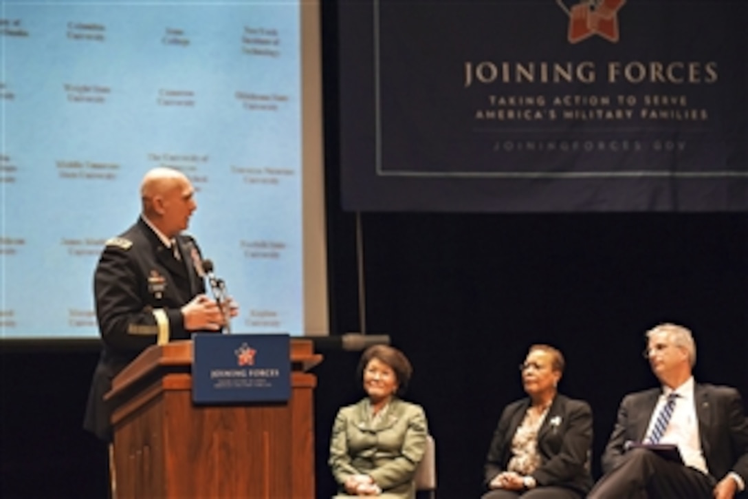 Army Chief of Staff Gen. Ray Odierno speaks about raising his children while serving in the military during a "Joining Forces" campaign event on educating educators at George Mason University in Fairfax, Va., Oct. 3, 2012.  During the event, Dr. Jill Biden, wife of the vice president, said more than 100 colleges and universities have signed a commitment to help prepare educators to be more responsive to the social, emotional and academic needs of military children.