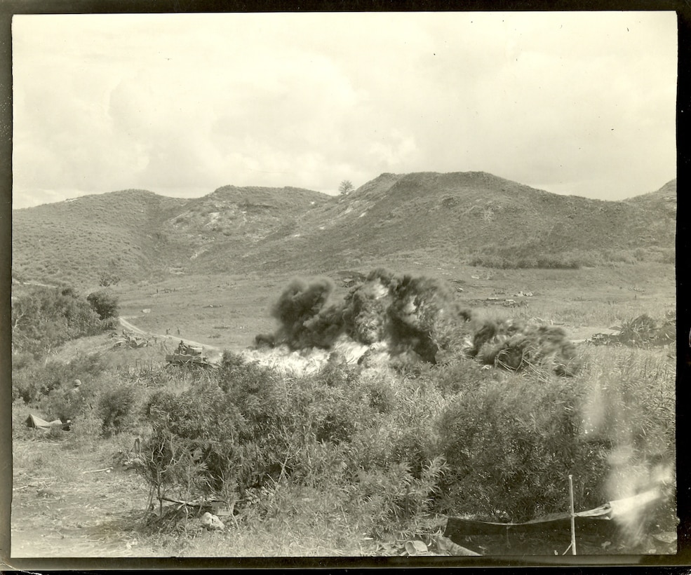 Flame thrower tank in action on Saipan.
