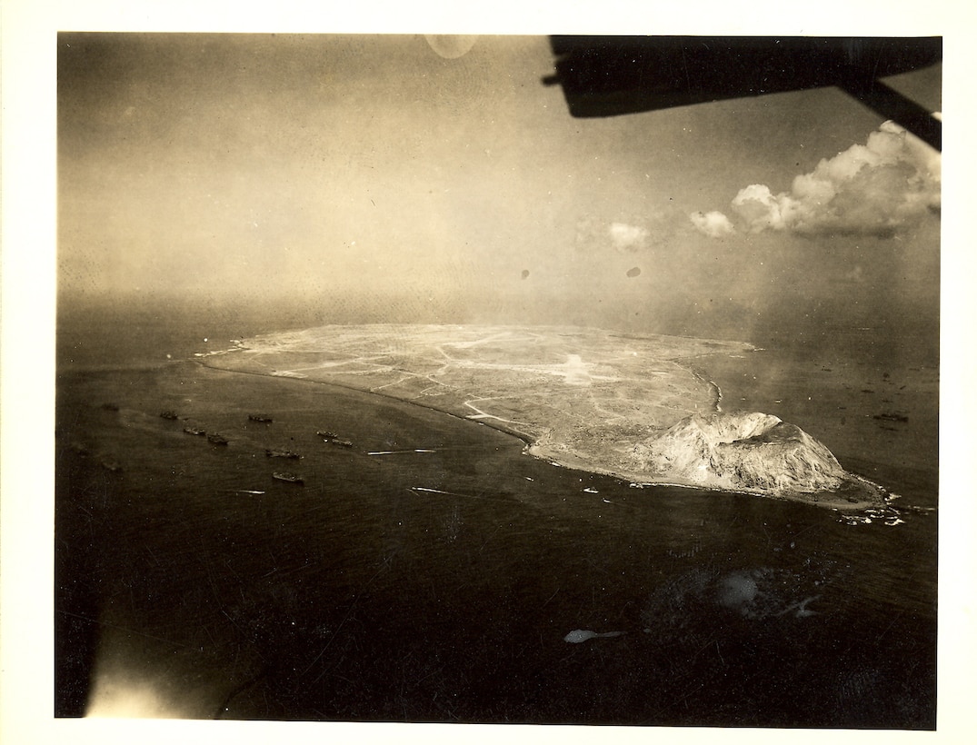 Aerial photograph of Iwo Jima and the U.S. Fleet 