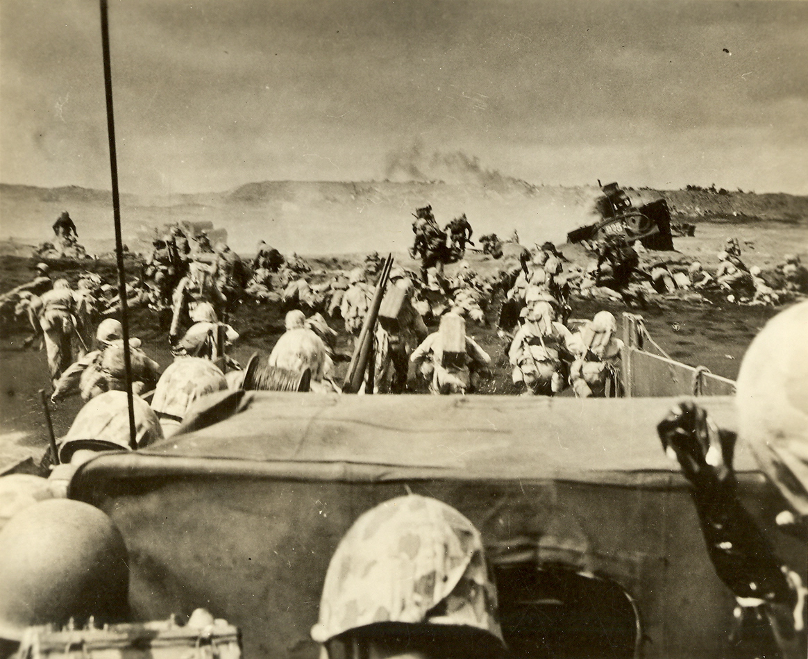 Amphibious assault on Iwo Jima, a DR-8 wire communications reel is at left-center.