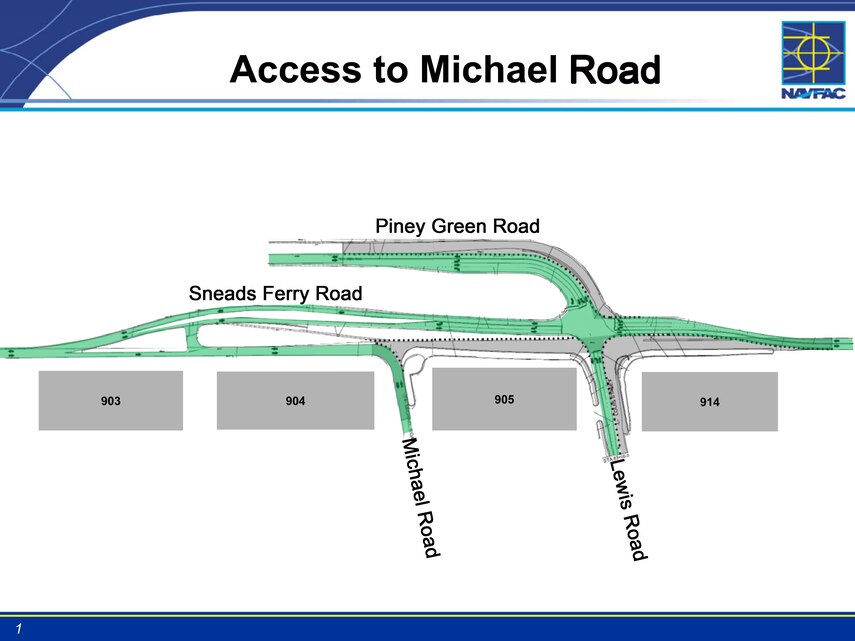 To make way for the new entry gate and road, a portion of Sneads Ferry Road and Michael Road will be closed and traffic will be shifted to a recently built road in the vicinity. This illustration shows how drivers can no longer make a left turn leaving Michael Road onto Sneads Ferry Road. The road immediately in front of Building 905 is been closed.