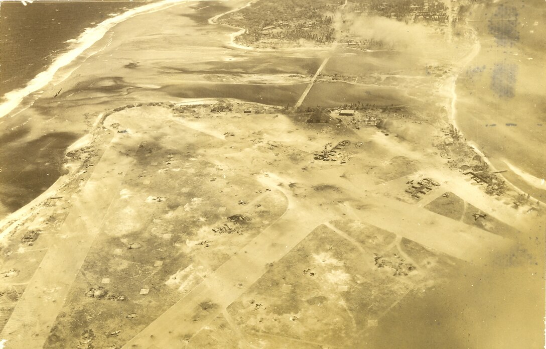 View of Roi and Namur Island. Roi is where the airfield is located. Namur is just across the water where most of the fighting took place.