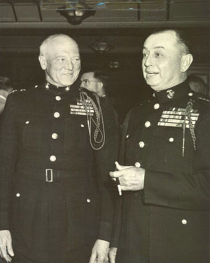 Generals Erskine and Cates share a story at Camp Pendleton.