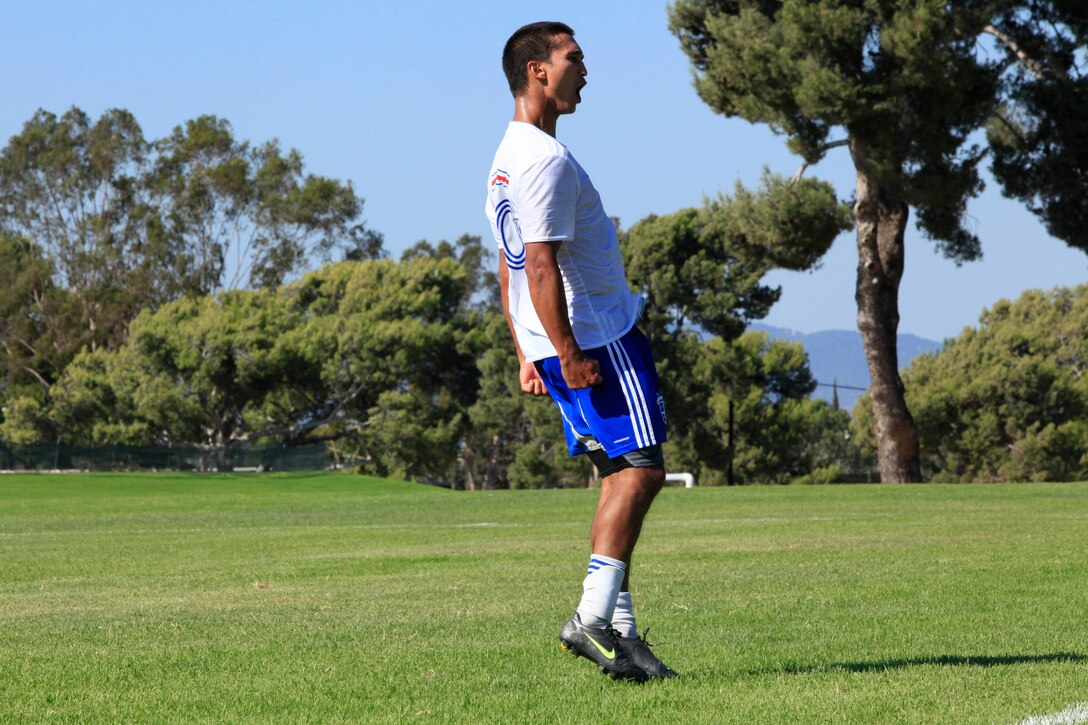 MARINE CORPS BASE CAMP PENDLETON, Calif. -- All-Air Force defender, 1st Lt. Jason Belvill, celebrates in overtime after scoring the winning goal during the championship game of the 2012 Armed Forces Soccer Championship here, Sept. 24-30. The All-Air Force Men's Soccer Team went undefeated to stand victorious above the Army, Marine Corps and Navy.