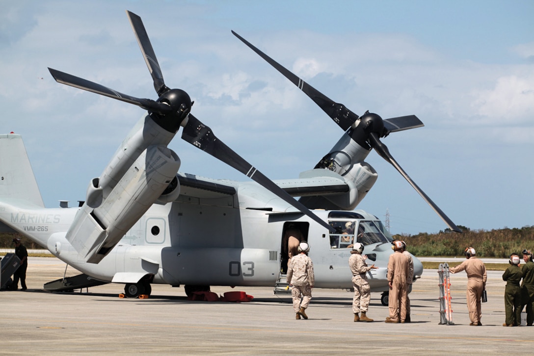 An MV-22B Osprey arrives at Marine Corps Air Station Futenma Oct. 1. Ospreys flew to Okinawa after conducting functional check flights at MCAS Iwakuni in late September. The Osprey combines the capability of a helicopter with the speed and range of a fixed-wing aircraft. The Ospreys are with Marine Medium Tiltrotor Squadron 265, a part of Marine Aircraft Group 36, 1st Marine Aircraft Wing, III Marine Expeditionary Force. 