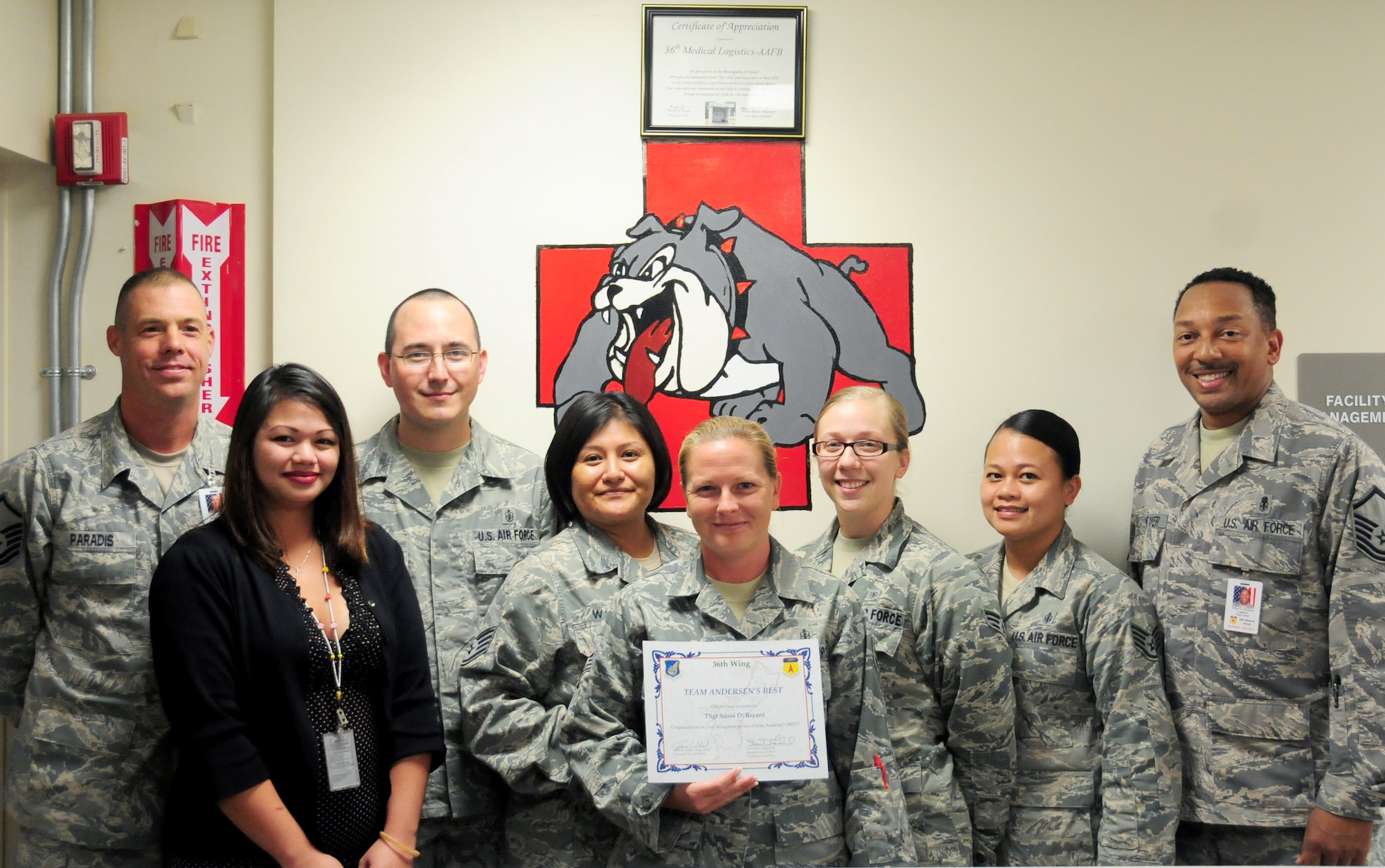Tech. Sgt. Susie Bryant, 36th Medical Support Squadron medical acquisitions & customer service flight noncommissioned officer in charge, was awarded Team Andersen’s Best Oct 4. Andersen's Best is a recognition program which highlights a top performer from the 36th Wing. Each week, supervisors nominate a member of their team for outstanding performance and the wing commander presents the selected Airman/civilian with an award. To nominate your Airman/civilian for Andersen's Best, contact your unit chief or superintendent explaining their accomplishments. (U.S. Air Force photo by Senior Airman Jeffrey Schultze/Released)
