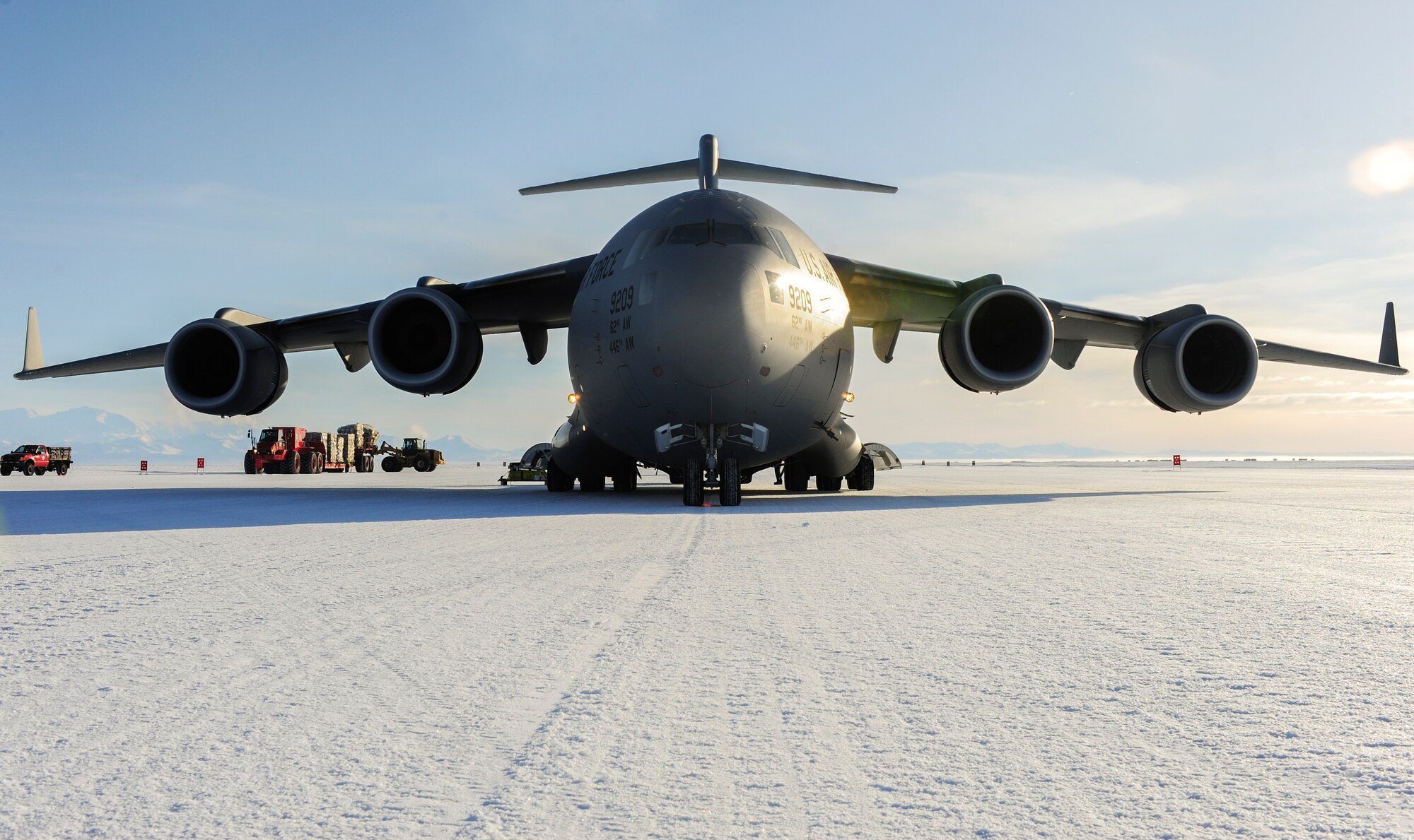 A C-17 Globemaster III aircraft from Joint Base Lewis-McChord, Wash., is parked on the seasonal sea ice runway, Oct. 1, 2012, at McMurdo Station, Antarctica, in support of Operation Deep Freeze. The runway, which is carved into a 100-inch layer of frozen sea water, is created because it is closer to the research center than other existing runways. (U.S. Air Force photo/Staff Sgt. Sean Tobin)