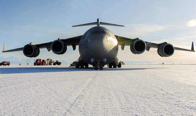A C-17 Globemaster III aircraft from Joint Base Lewis-McChord, Wash., is parked on the seasonal sea ice runway, Oct. 1, 2012, at McMurdo Station, Antarctica, in support of Operation Deep Freeze. The runway, which is carved into a 100-inch layer of frozen sea water, is created because it is closer to the research center than other existing runways. (U.S. Air Force photo/Staff Sgt. Sean Tobin)