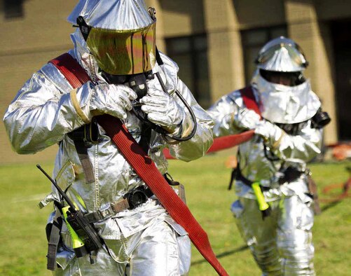 During the Operational Readiness Exercise, Crisis Challenge 09-12B, at the Combat
Readiness Center in Gulfport, Miss., Sept. 17, 2012, firefighters were tasked with scenarios that tested their skills and reaction time.  (U.S. Air Force photo by Tech. Sgt. Efren Lopez)
