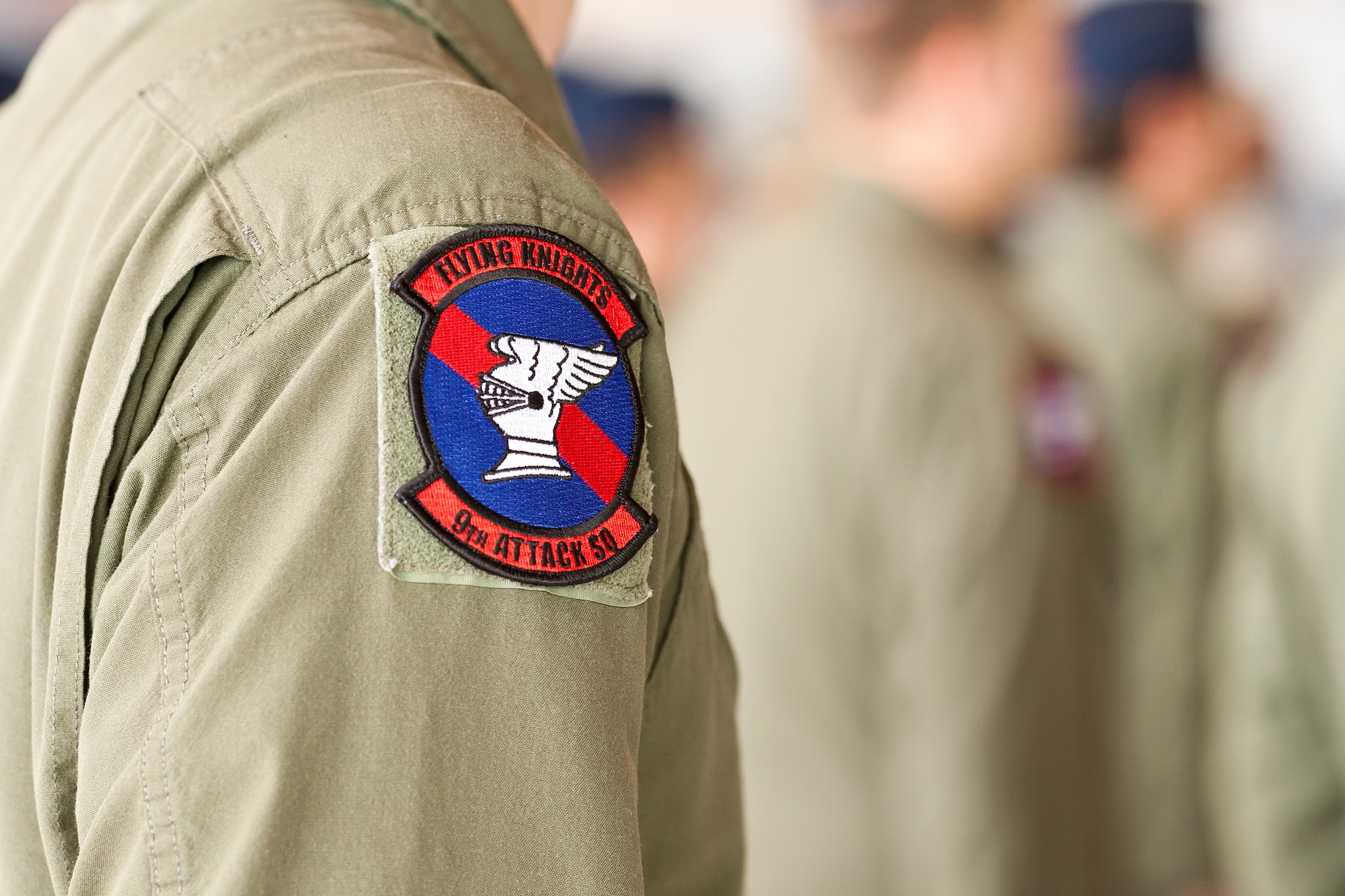 An Airman in the 9th Attack squadron wears the Flying Knights’ patch at Holloman Air Force Base, N.M., Sept. 28. The 9th Attack Squadron was re-activated as a remotely piloted aircraft training squadron on Sept. 28. The Flying Knights have a rich history dating back to World War II when Medal of Honor recipient Maj. Richard Bong flew in the 9th Fighter Squadron. (Courtesy photo)

