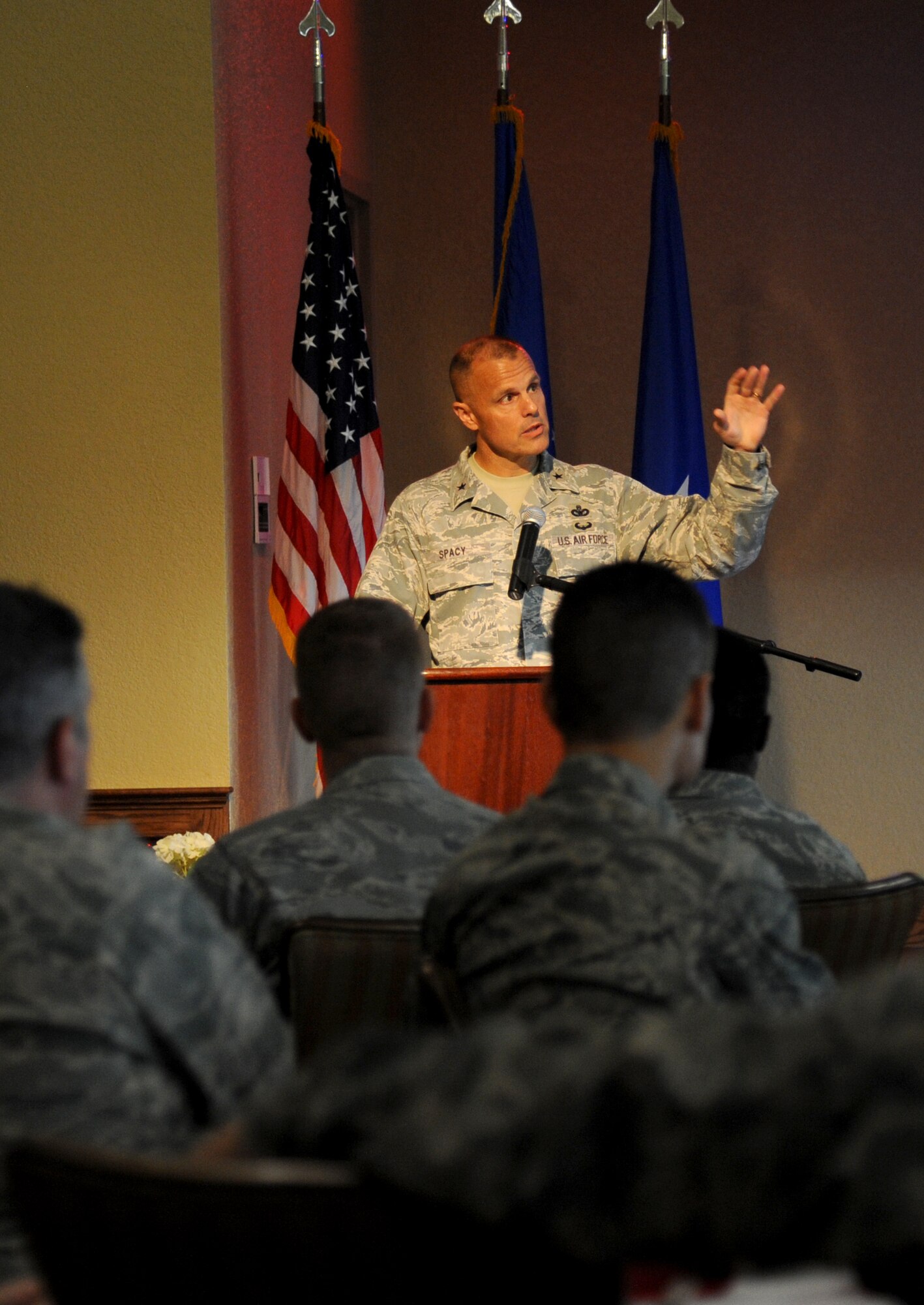 Brig. Gen. Brad Spacy, 81st Training Wing commander, delivers remarks during the Biloxi Chamber of Commerce Morning Call Sept. 4, 2012, hosted by Keesler Air Force Base, Miss., at the Bay Breeze Event Center.  (U.S. Air Force photo by Kemberly Groue)