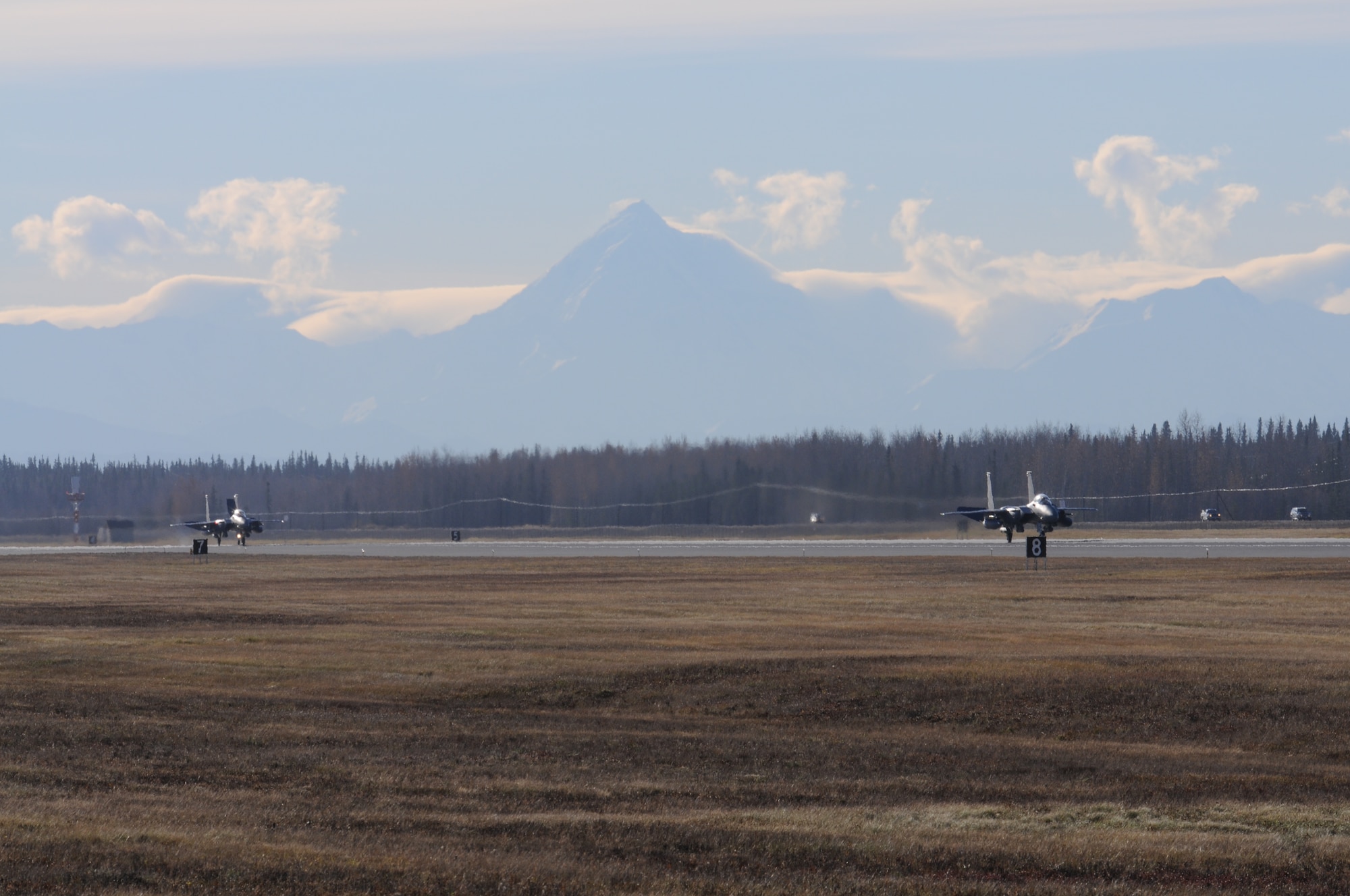 Two Republic of Singapore Air Force F-15SG aircraft from Mountain Home Air Force Base, Idaho, land at Eielson Air Force Base, Alaska, Oct. 3, 2012. The 428th Fighter Squadron sent multiple aircrafts and crews to participate in the Red Flag-Alaska exercise. (U.S. Air Force photo/Senior Airman Benjamin Sutton)