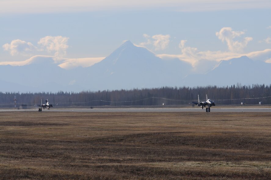 Two Republic of Singapore Air Force F-15SG aircraft from Mountain Home Air Force Base, Idaho, land at Eielson Air Force Base, Alaska, Oct. 3, 2012. The 428th Fighter Squadron sent multiple aircrafts and crews to participate in the Red Flag-Alaska exercise. (U.S. Air Force photo/Senior Airman Benjamin Sutton) 

