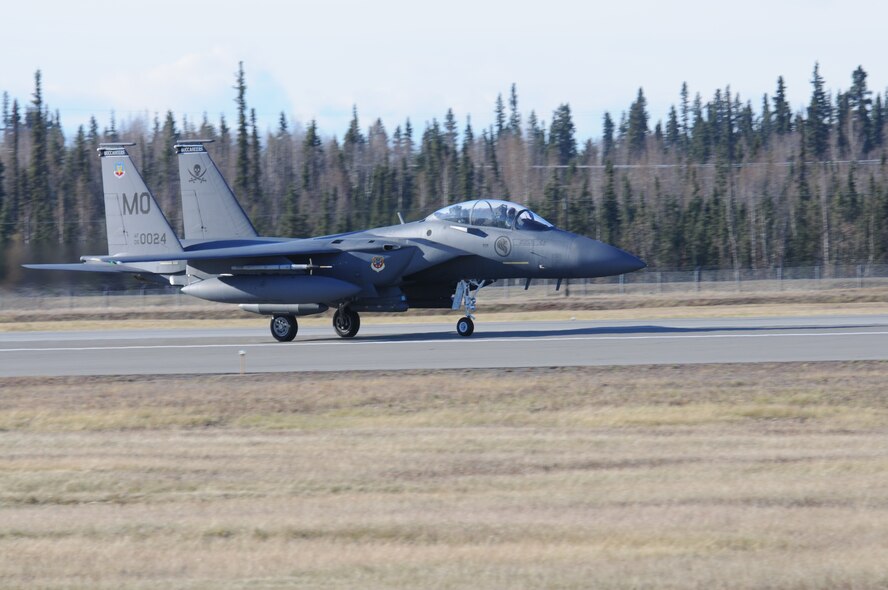 A Republic of Singapore Air Force F-15SG lands  at Eielson Air Force Base, Alaska, Oct. 3, 2012 The aircraft is assigned to the 428th Fighter Squadron Mountain Home Air Force Base, Idaho, and is in Alaska for the RedFlag-Alaska exercise. (U.S. Air Force photo/Senior Airman Benjamin Sutton)