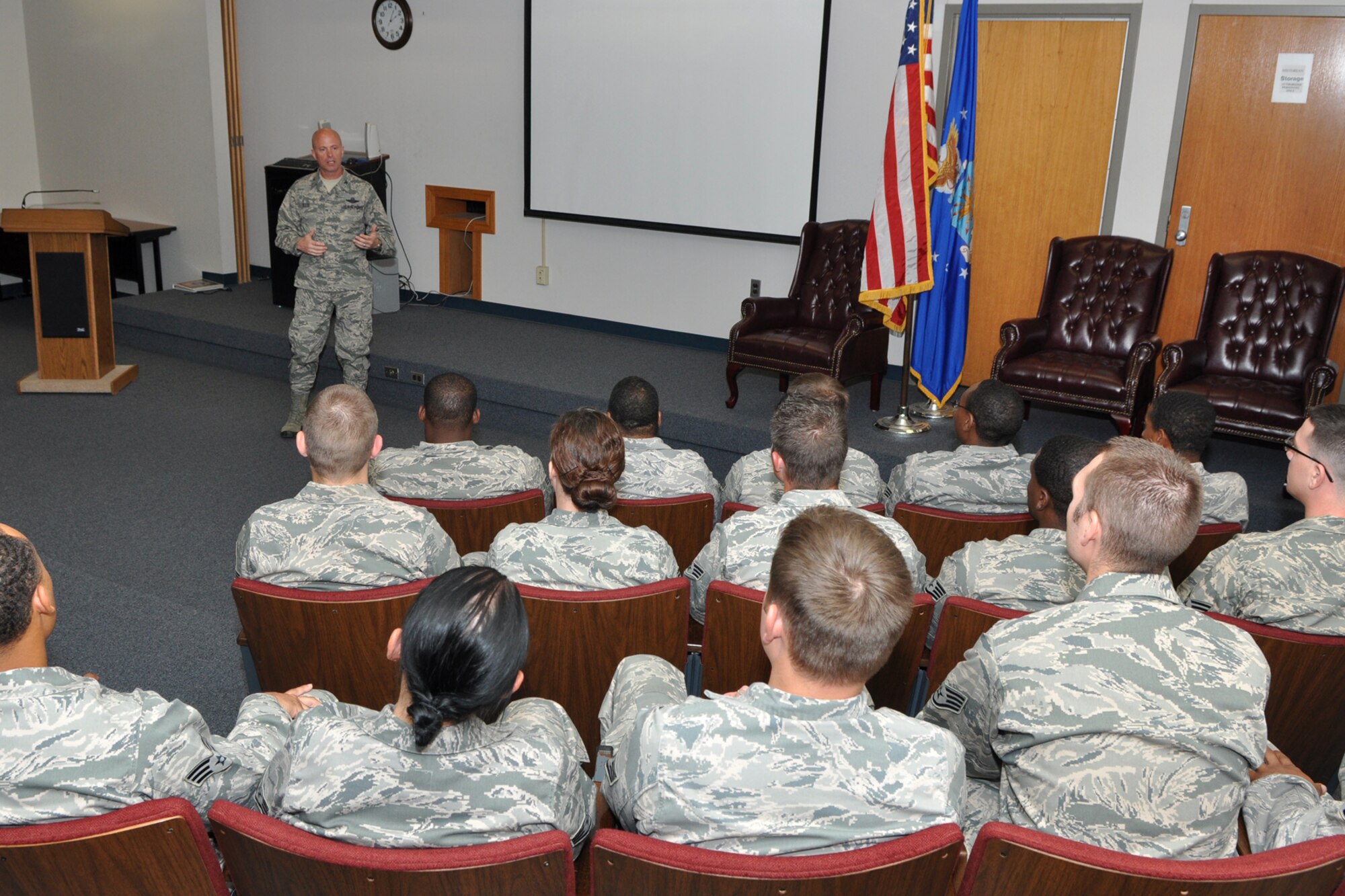 Col. Jonathan Ellis, the 307th Bomb Wing commander, speaks to a group of graduates of the Air Force Reserve Command NCO Leadership Development Course at Barksdale Air Force Base, La., Sept. 28, 2012. The course was developed in response to the need to provide mid-level enlisted personnel with in-depth leadership and management training. Graduates also developed leadership and communicative skills and were encouraged to accept personal responsibility for their role and contribution to the Air Force. (U.S. Air Force photo by Master Sgt. Jeff Walston)