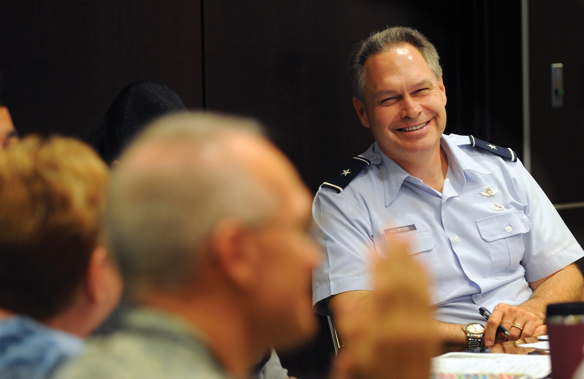 Brig. Gen. James Haywood, director of the Air Force Security Assistance and Cooperation Directorate at Wright-Patterson Air Force Base, Ohio, listens Sept. 27 during one of several briefings outlining Tinker’s support of the warfighter through the Air Force Life Cycle Management Center. (Air Force photo by Margo Wright)
