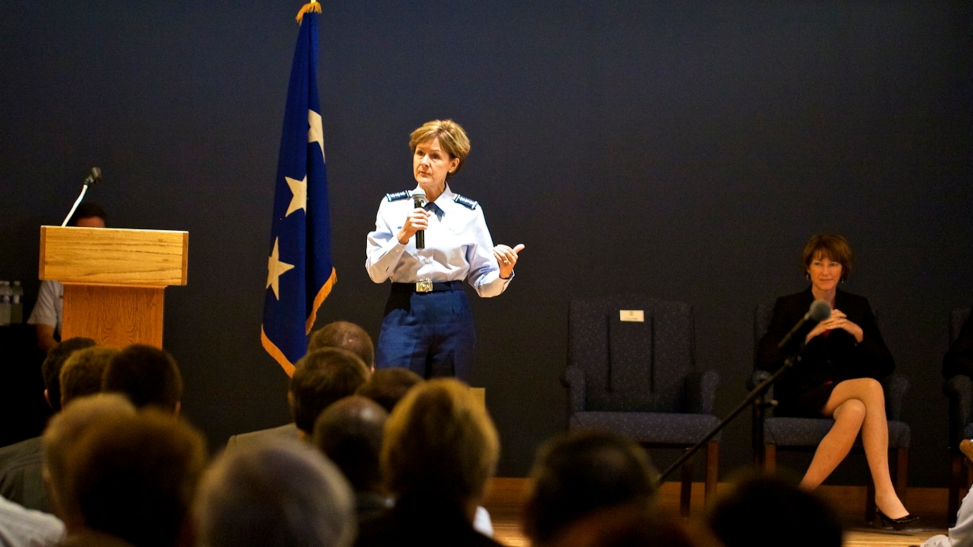 Lt. Gen. Judith A. Fedder, Deputy Chief of Staff for Logistics, Installations and Mission Support, Headquarters U.S. Air Force, addresses the crowd regarding the new Air Force Civil Engineer Center at a town hall meeting Oct. 2 at Tyndall Air Force Base. (U.S. Air Force courtesy photo)